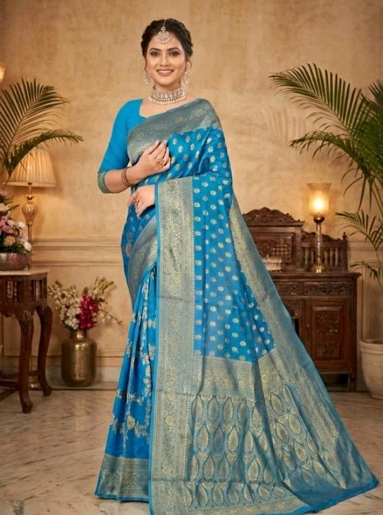 Kali Puja Slik Saree in Azure Radiance with Blouse Piece – Traditional Festive Saree for Women | Elegant Ethnic Wear - 5.5 miter, Azure Radiance