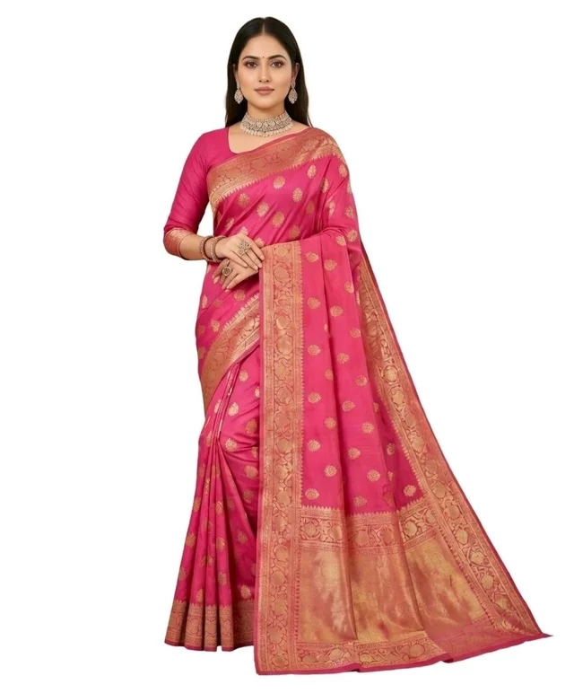 Kali Puja Slik Saree with Blouse Piece – Traditional Festive Saree for Women | Elegant Ethnic Wear - 5.5 miter, Magenta / Fuchsia