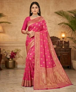 Kali Puja Slik Saree with Blouse Piece – Traditional Festive Saree for Women | Elegant Ethnic Wear - 5.5 miter, Magenta / Fuchsia