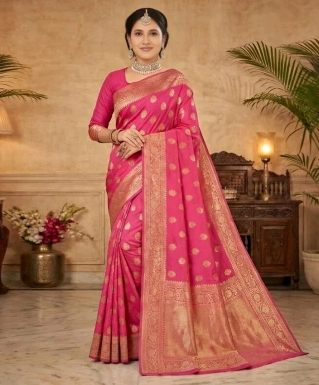Kali Puja Slik Saree with Blouse Piece – Traditional Festive Saree for Women | Elegant Ethnic Wear - 5.5 miter, Magenta / Fuchsia
