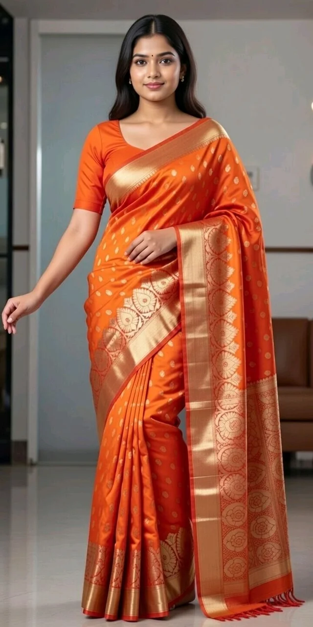 Victoria Queen Saree Two In One Slik– Elegant Royal Look Saree for Women | Party & Festive Wear - 5.5 miter, Orenge