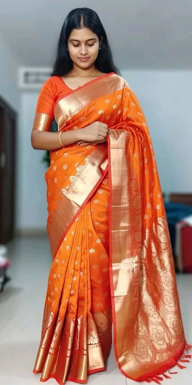 Victoria Queen Saree Two In One Slik– Elegant Royal Look Saree for Women | Party & Festive Wear - 5.5 miter, Orenge