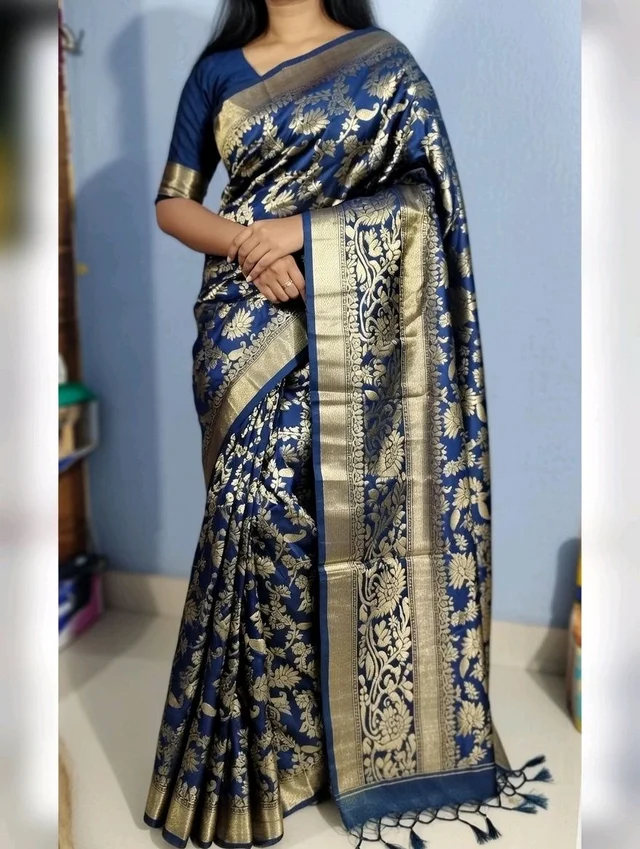 Banarasi Time Saree in Deep Blue with Blouse Piece – Elegant Traditional Saree for Women | Party & Festive Wear - 5.5 miter, Cherry Pie
