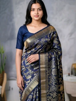 Banarasi Time Saree in Deep Blue with Blouse Piece – Elegant Traditional Saree for Women | Party & Festive Wear - 5.5 miter, Cherry Pie