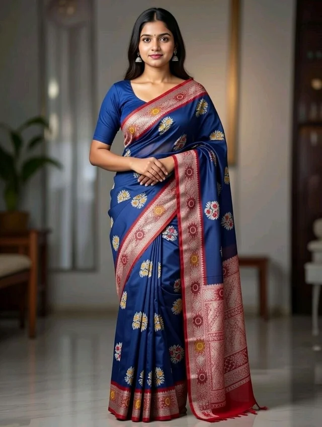 Big Bash Silk Saree - Deep Blue with Blouse Piece - 5.5 miter, Cherry Pie