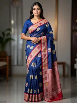 Big Bash Silk Saree - Deep Blue with Blouse Piece - 5.5 miter, Cherry Pie
