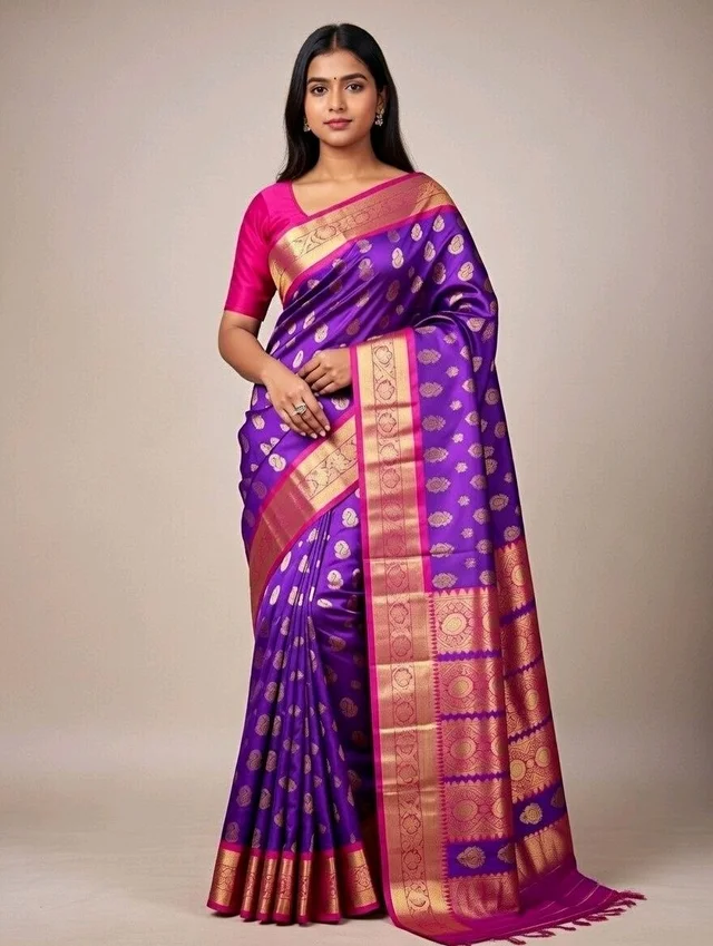 Japan Kanchivaram Slik Saree in Magenta with Blouse Piece – Elegant Traditional Saree for Women | Party & Festive Wear - 5.5 miter, Purple