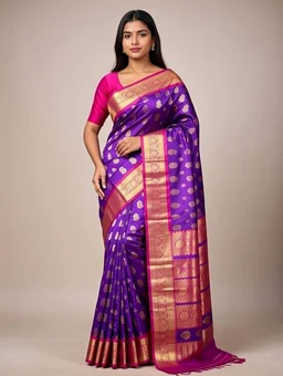 Japan Kanchivaram Slik Saree in Magenta with Blouse Piece – Elegant Traditional Saree for Women | Party & Festive Wear - 5.5 miter, Purple