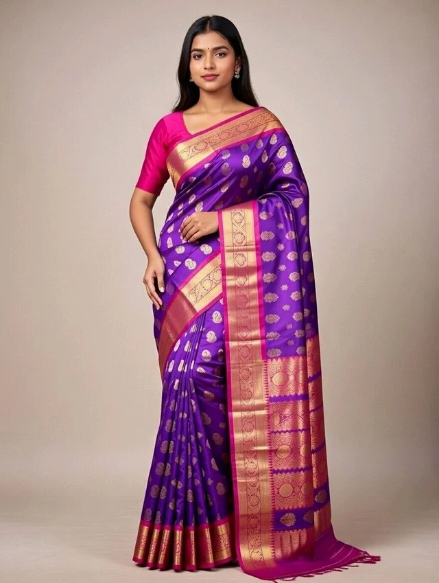 Japan Kanchivaram Slik Saree in Magenta with Blouse Piece – Elegant Traditional Saree for Women | Party & Festive Wear - 5.5 miter, Purple