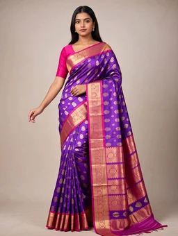Japan Kanchivaram Slik Saree in Magenta with Blouse Piece – Elegant Traditional Saree for Women | Party & Festive Wear - 5.5 miter, Purple