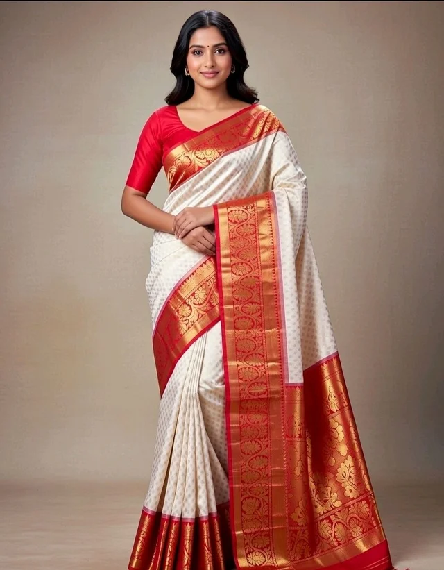 Jhim Buti Slik Saree in White with Red Border and Blouse Piece – Elegant Traditional Saree for Women | Festive & Party Wear - 5.5 miter, White