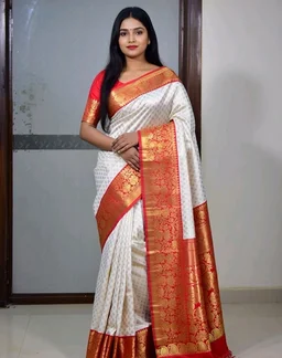 Jhim Buti Slik Saree in White with Red Border and Blouse Piece – Elegant Traditional Saree for Women | Festive & Party Wear - 5.5 miter, White