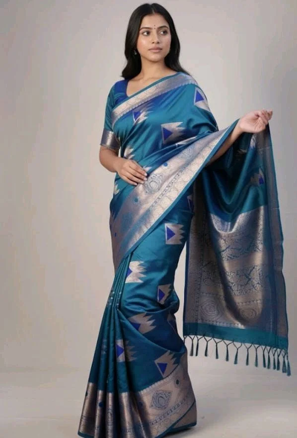 Pouch Chocolate Slik Saree with Blouse Piece – Stylish Saree for Women | Party & Festive Wear - 5.5 miter, Blue Stone