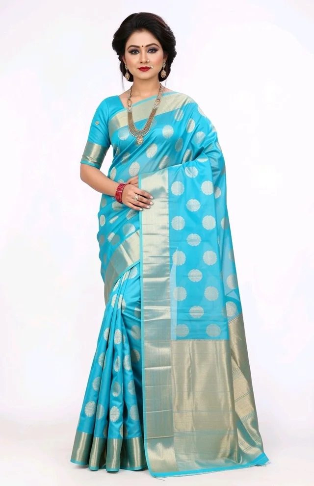 Banarasi Light Saree in Cyan Aqua with Blouse Piece – Elegant Traditional Saree for Women - 5.5 miter, Cyan Aqua