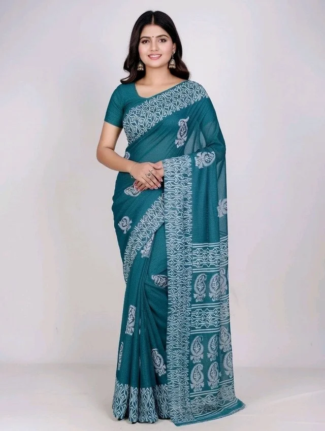 Buy 1 Get 1 Free – Premium Printed Saree Combo with Blouse Piece | Mustard Yellow & Teal Blue Saree - 5.5 miter, Eastern Blue