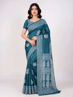 Buy 1 Get 1 Free – Premium Printed Saree Combo with Blouse Piece | Mustard Yellow & Teal Blue Saree - 5.5 miter, Eastern Blue