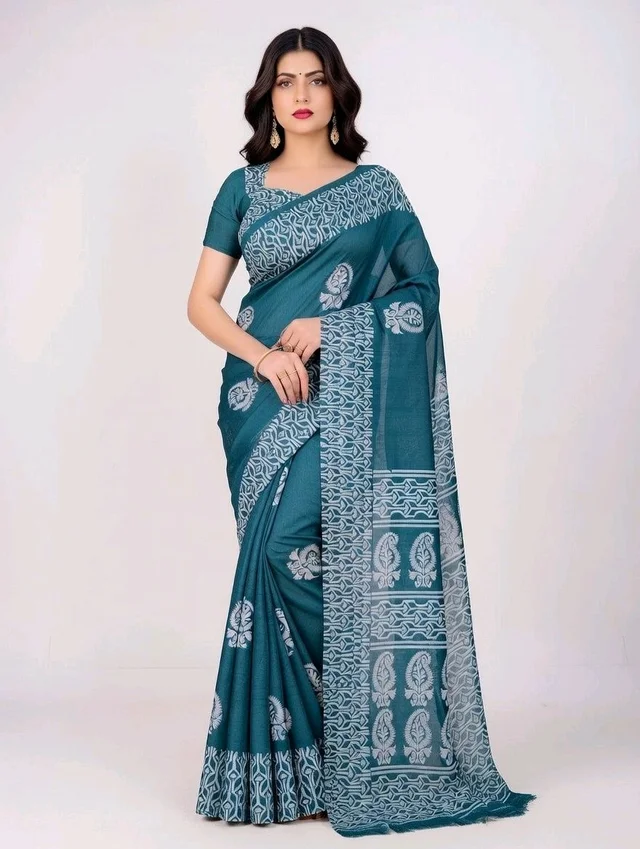 Buy 1 Get 1 Free – Premium Printed Saree Combo with Blouse Piece | Mustard Yellow & Teal Blue Saree - 5.5 miter, Eastern Blue