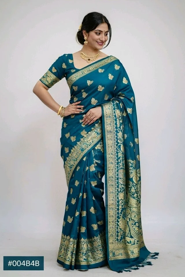 Silky Reshmi Saree in Sherpa Blue with Blouse Piece – Elegant Traditional Saree for Women - 5.5 miter, Sherpa Blue