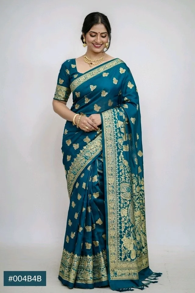 Silky Reshmi Saree in Sherpa Blue with Blouse Piece – Elegant Traditional Saree for Women - 5.5 miter, Sherpa Blue