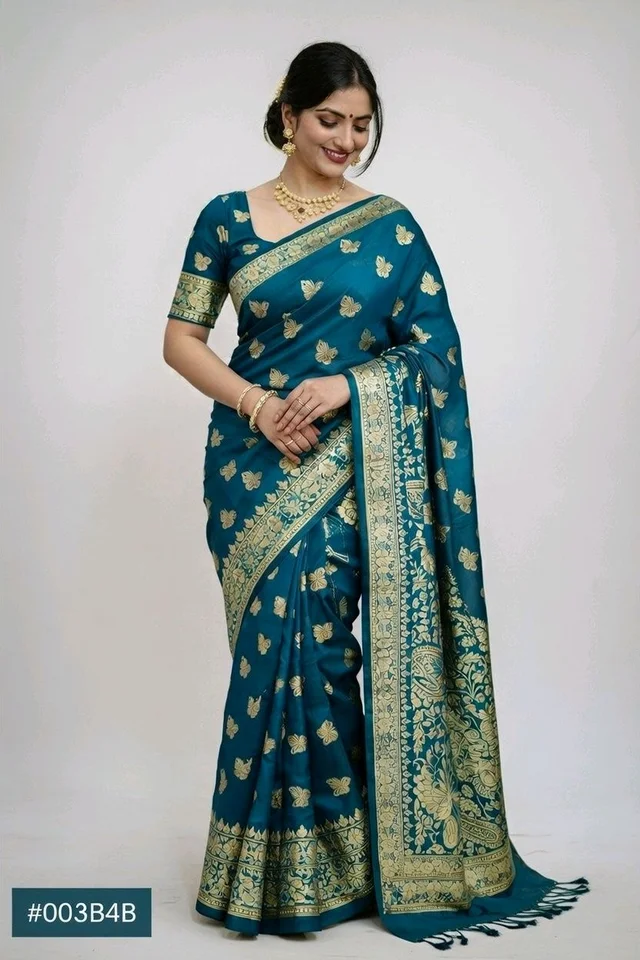 Silky Reshmi Saree in Sherpa Blue with Blouse Piece – Elegant Traditional Saree for Women - 5.5 miter, Sherpa Blue