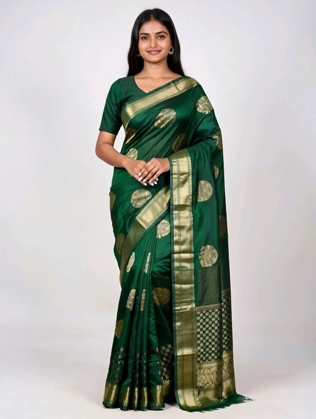 Pooja Dhamaka Slik Saree in Deep Green with Blouse Piece – Traditional Saree for Women - 5.5 miter, Cyprus