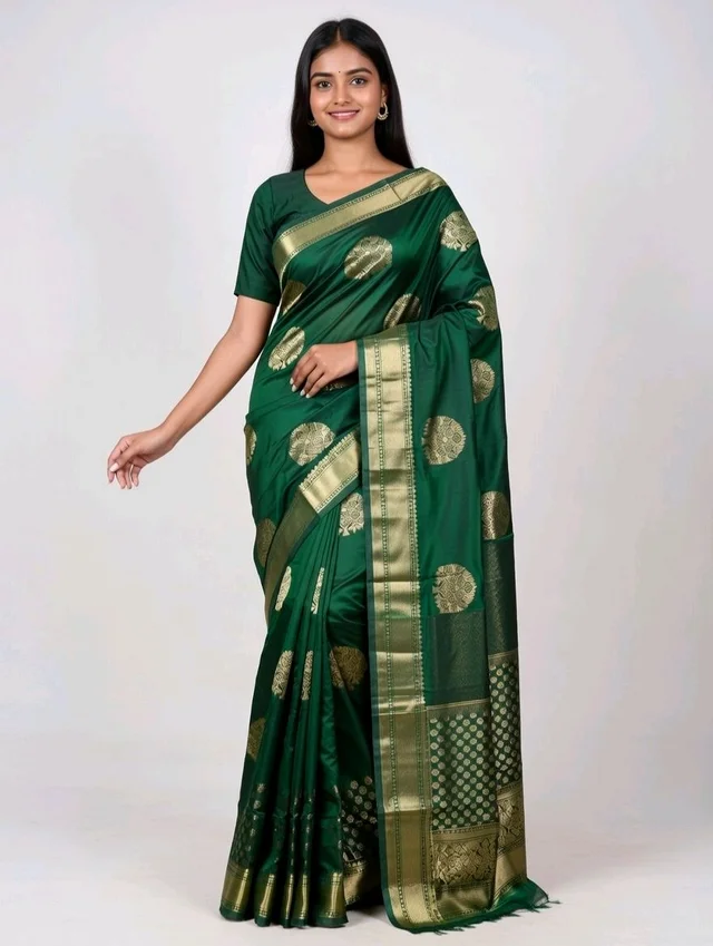 Pooja Dhamaka Slik Saree in Deep Green with Blouse Piece – Traditional Saree for Women - 5.5 miter, Cyprus