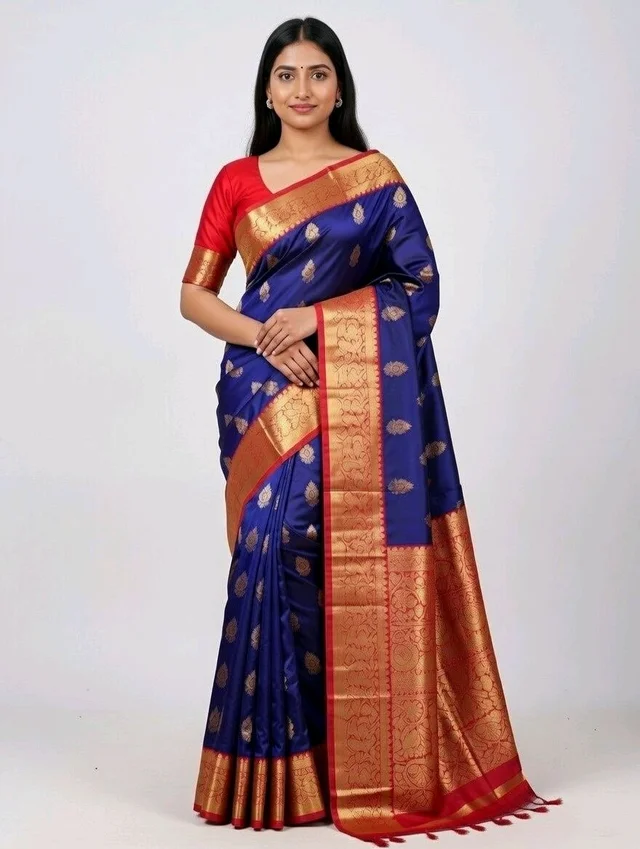 Japan Kanchivaram Slik Saree in Deep Blue with Blouse Piece – Premium Traditional Silk Look Saree - 5.5 miter, Navy Blue