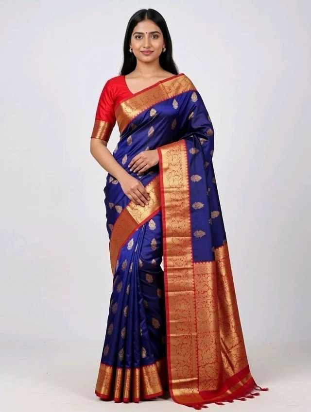 Japan Kanchivaram Slik Saree in Deep Blue with Blouse Piece – Premium Traditional Silk Look Saree - 5.5 miter, Navy Blue