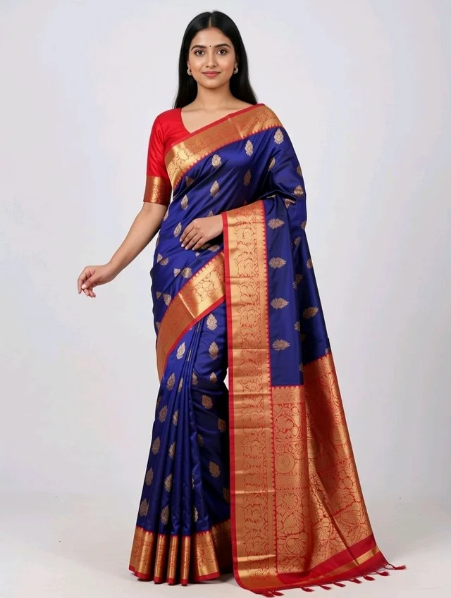 Japan Kanchivaram Slik Saree in Deep Blue with Blouse Piece – Premium Traditional Silk Look Saree - 5.5 miter, Navy Blue