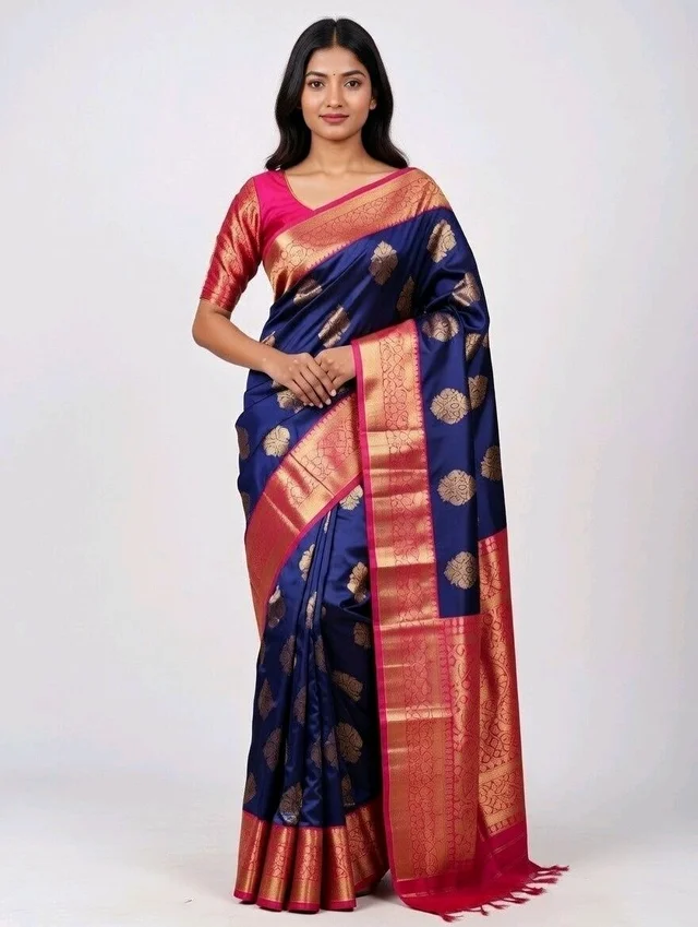 Radha Rani Slik First Time Saree in Deep Blue with blouse Piece– Elegant Traditional Saree - 5.5 miter, Cherry Pie