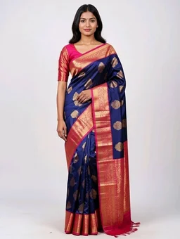 Radha Rani Slik First Time Saree in Deep Blue with blouse Piece– Elegant Traditional Saree - 5.5 miter, Cherry Pie