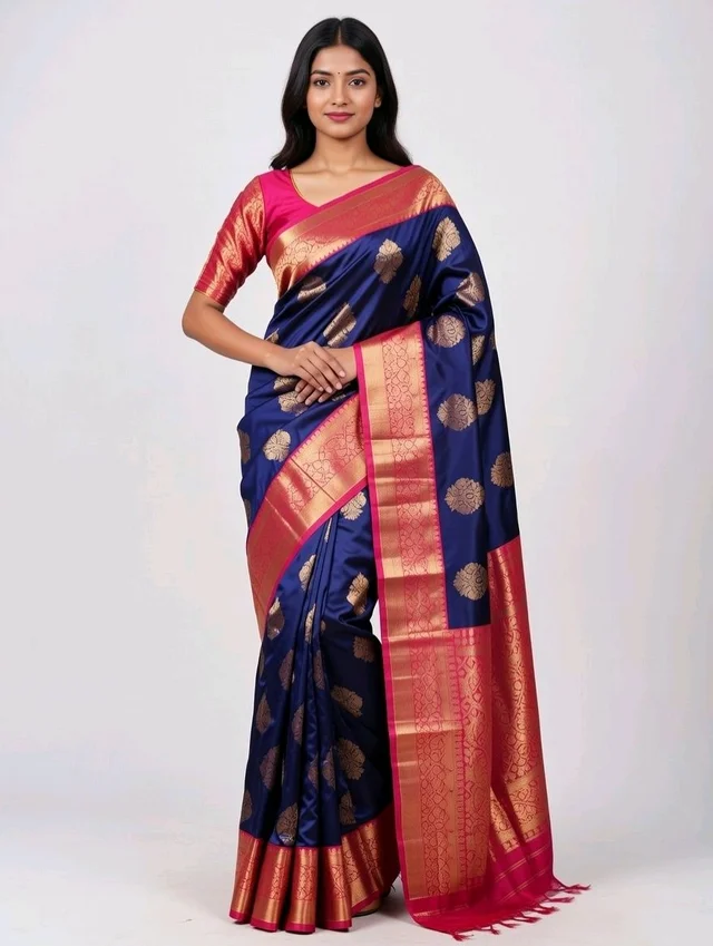 Radha Rani Slik First Time Saree in Deep Blue with blouse Piece– Elegant Traditional Saree - 5.5 miter, Cherry Pie