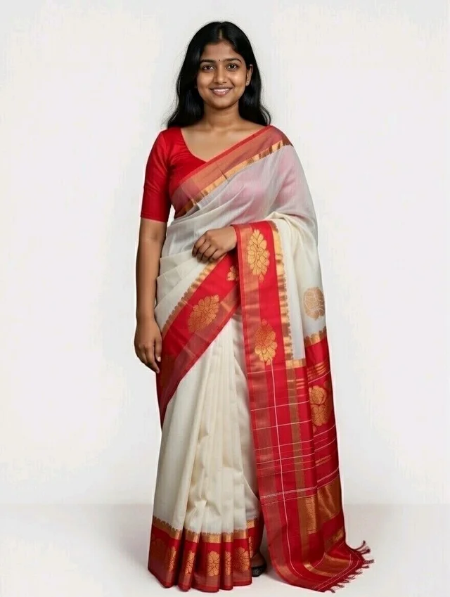 Kakinara Silk Saree in Off White & Red with Blouse Piece – Traditional Elegant Saree - 5.5 miter, White