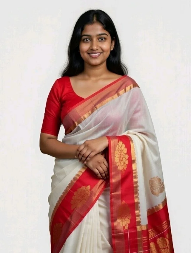 Kakinara Silk Saree in Off White & Red with Blouse Piece – Traditional Elegant Saree - 5.5 miter, White