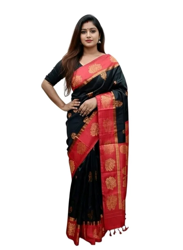 Kakinara Silk Saree in Black & Red with Blouse Piece – Classic Traditional Saree - 5.5 miter, Black
