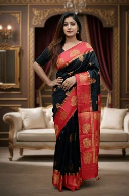 Kakinara Silk Saree in Black & Red with Blouse Piece – Classic Traditional Saree - 5.5 miter, Black