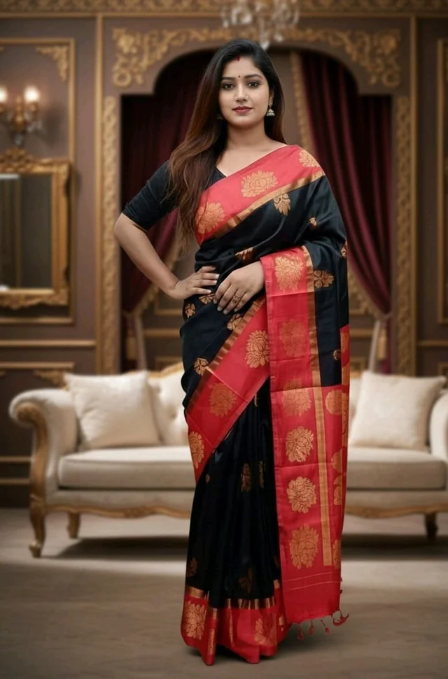 Kakinara Silk Saree in Black & Red with Blouse Piece – Classic Traditional Saree - 5.5 miter, Black