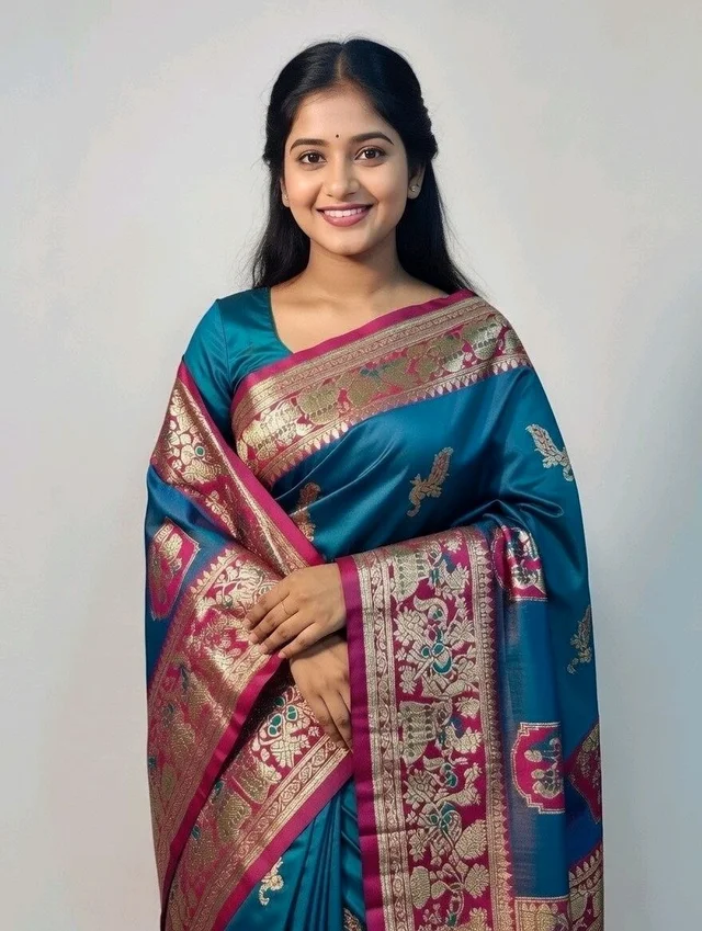 Baluchari Slik Saree in Sky Blue & Pink with Blouse Piece – Elegant Traditional Saree - 5.5 miter, Blue
