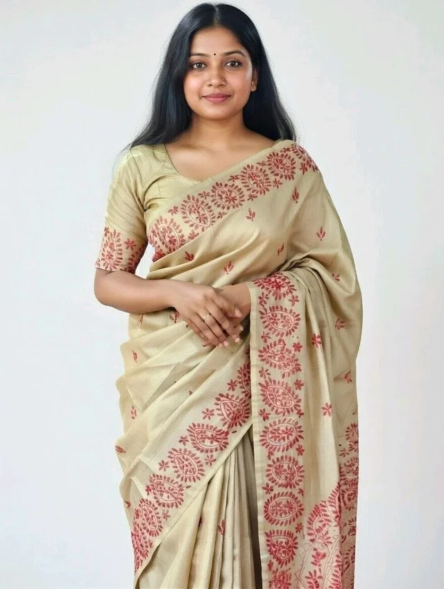 Katha Slik Saree in Cream with Blouse Piece – Elegant Traditional Saree - 5.5 miter, cream