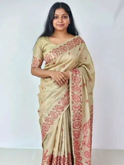 Katha Slik Saree in Cream with Blouse Piece – Elegant Traditional Saree - 5.5 miter, cream