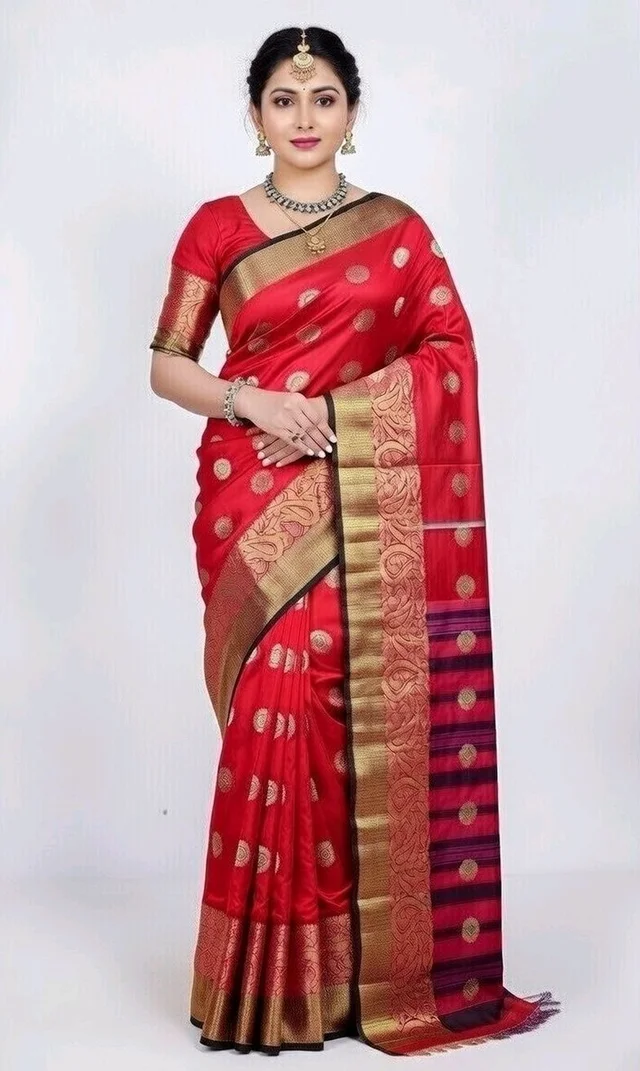 Katan Banarasi Silk Saree in Red Colour with Blouse Piece - 5.5 miter, Red