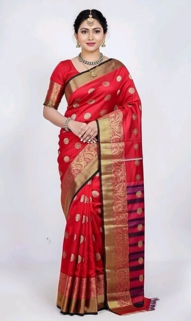 Katan Banarasi Silk Saree in Red Colour with Blouse Piece - 5.5 miter, Red