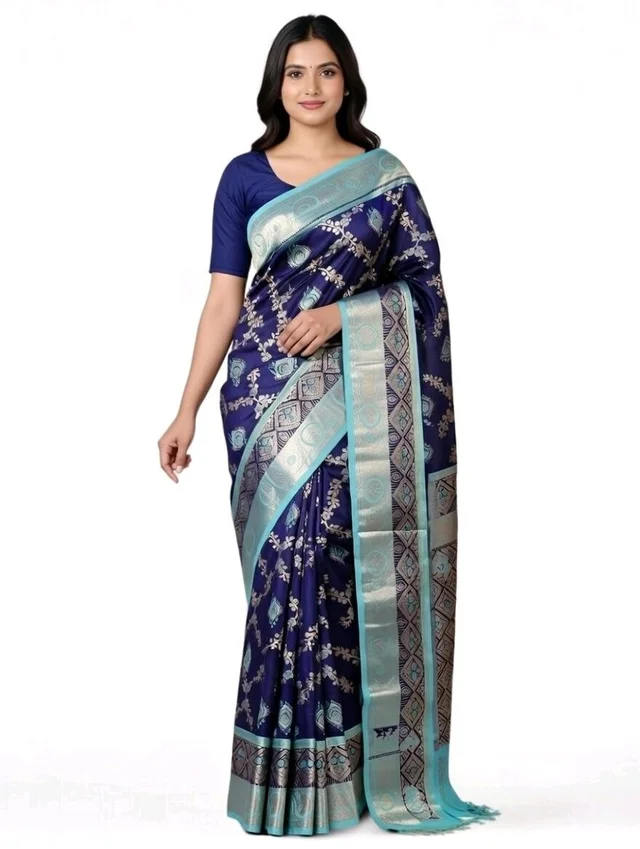 Raj Valli Slik Saree in Navy Blue Colour with Blouse Piece - 5.5 miter, Navy Blue