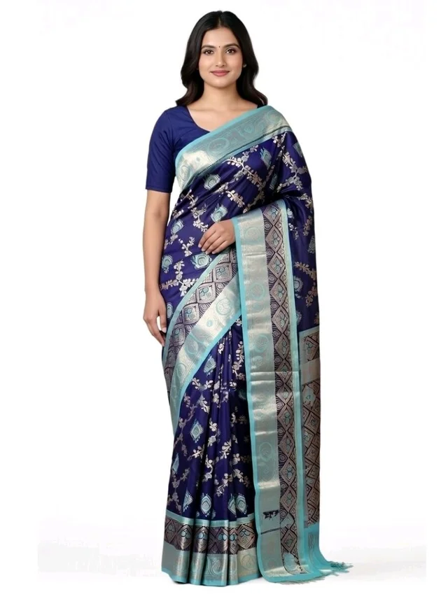 Raj Valli Slik Saree in Navy Blue Colour with Blouse Piece - 5.5 miter, Navy Blue
