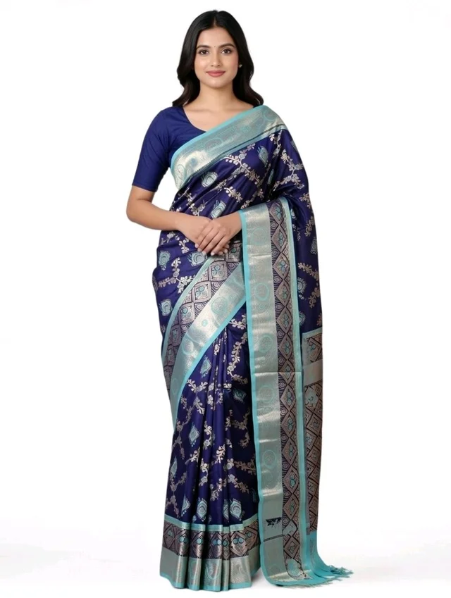 Raj Valli Slik Saree in Navy Blue Colour with Blouse Piece - 5.5 miter, Navy Blue