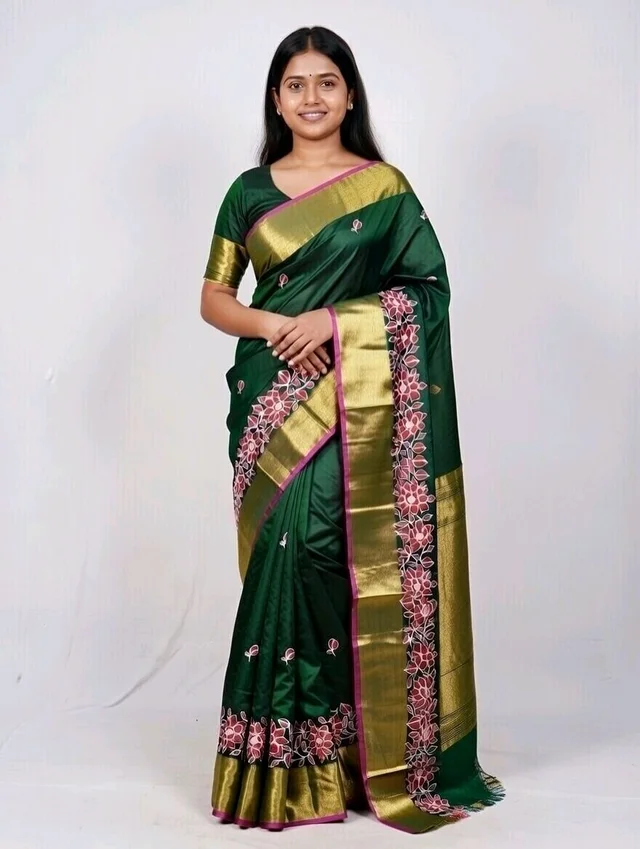 Handloom Saree in Deep Green Colour with Blouse Piece - Deep green