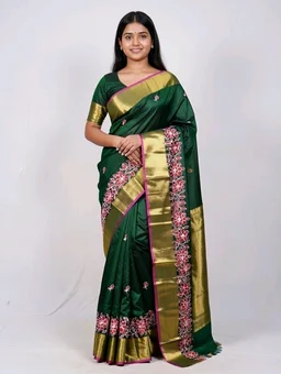Handloom Saree in Deep Green Colour with Blouse Piece - Deep green