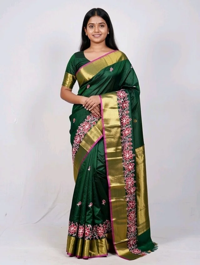 Handloom Saree in Deep Green Colour with Blouse Piece - Deep green