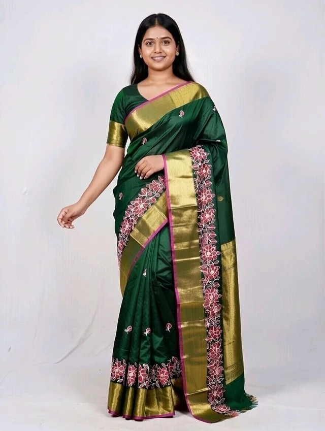Handloom Saree in Deep Green Colour with Blouse Piece - Deep green