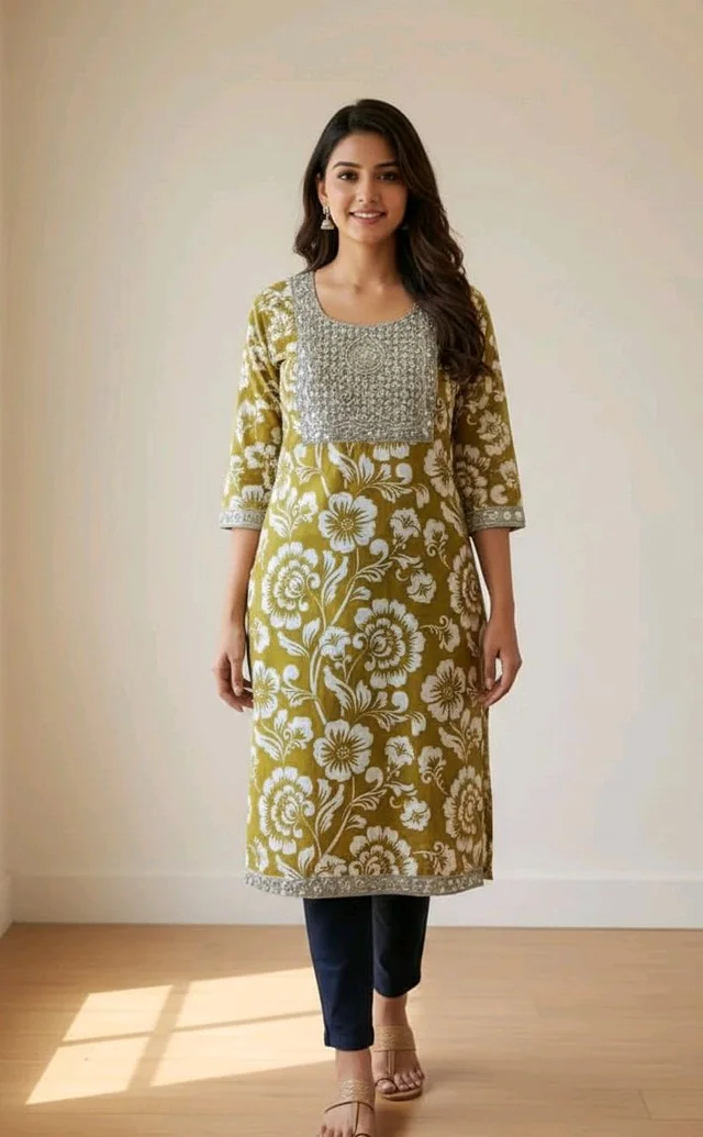 Women’s Printed Kurti | XL Size | Mustard Yellow Floral Kurti | 37 Inch Length | No Pant - XL size, mustard yellow